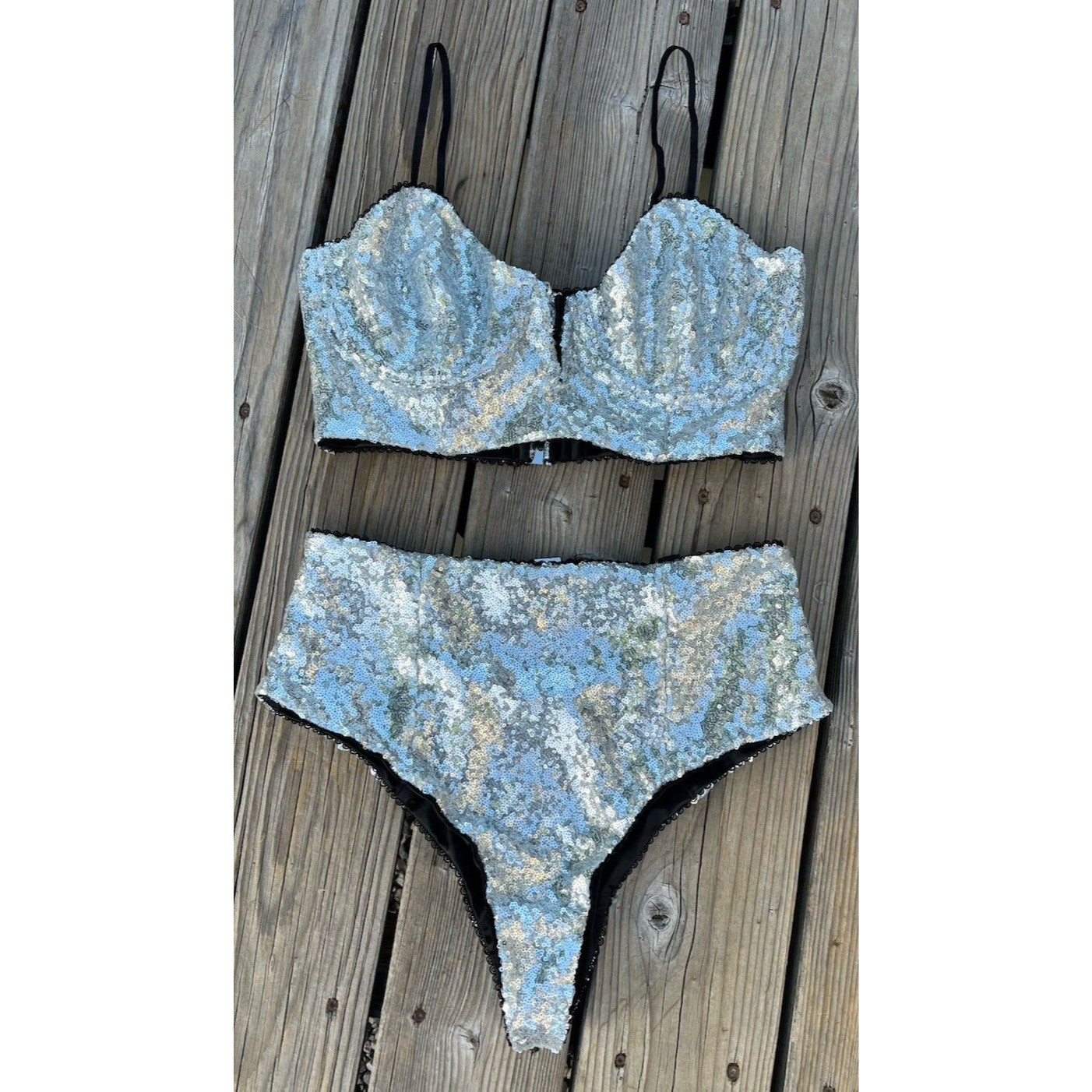 For Love & Lemons Women's L Sequin Underwire Bustier & High Waist Panty Set